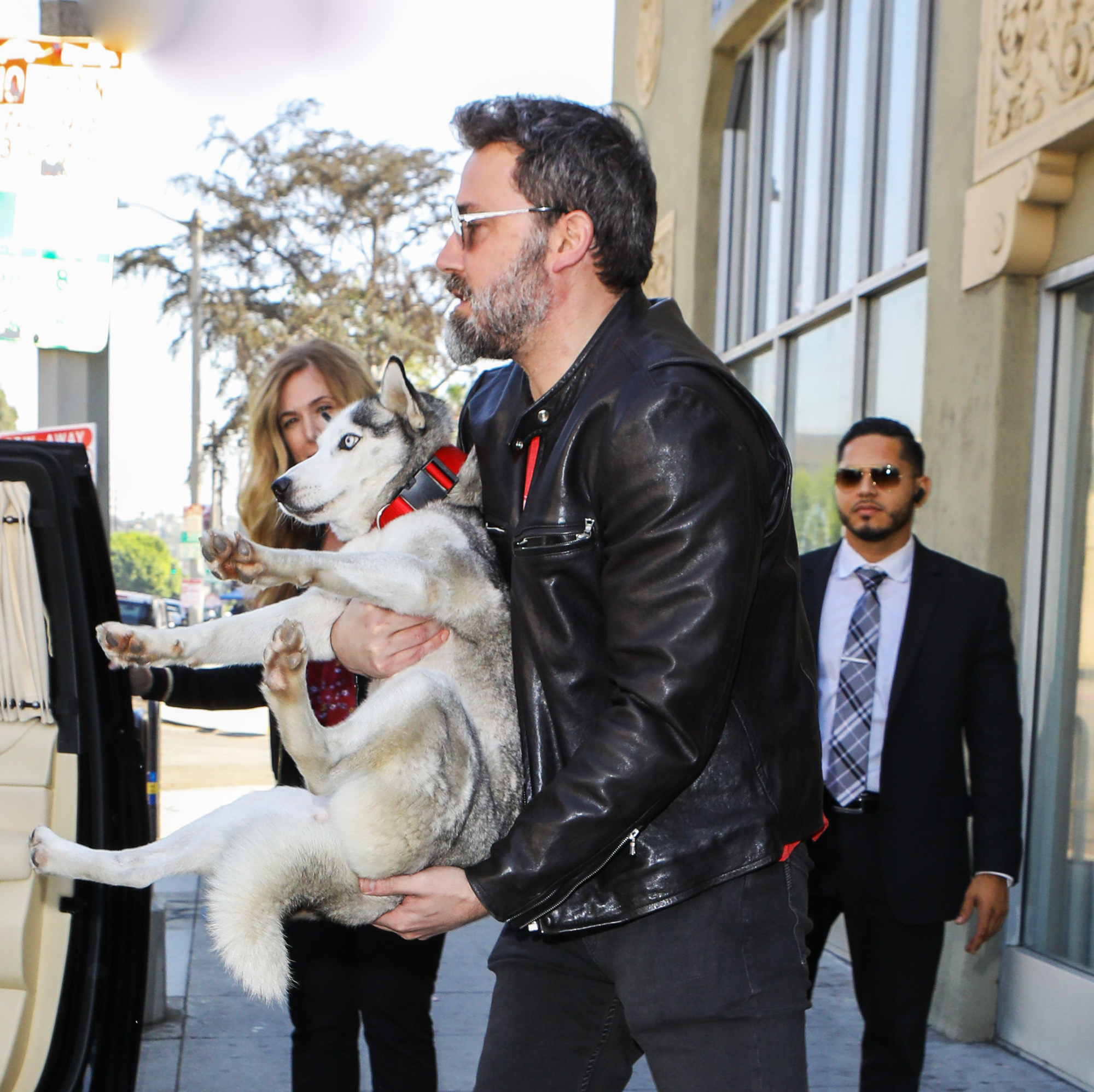 Ben Affleck getting inside the car while carrying his Husky puppy