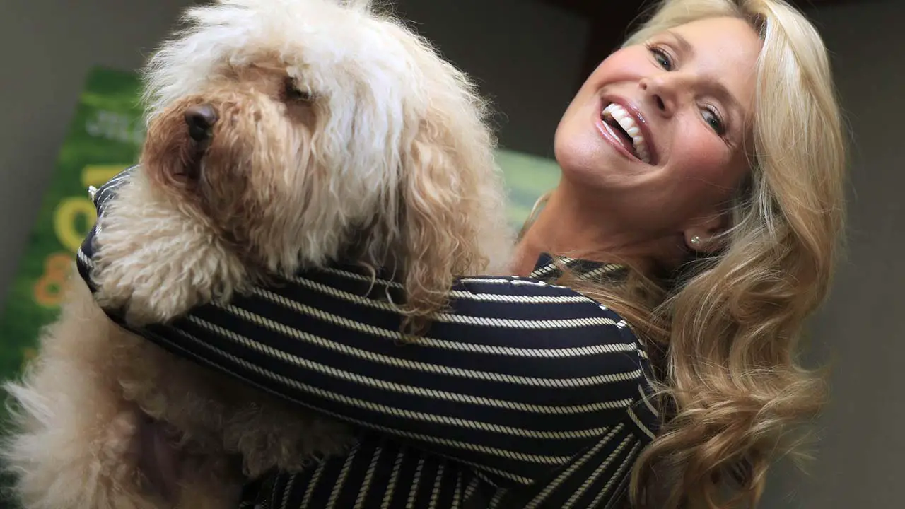Christie Brinkley smiling while holding her Labradoodle in her arms