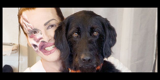 Hugh Panaro wearing a halloween make-up and his Labradoodle