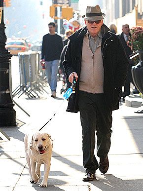 Steve Martin walking in the street with his Labrador Retriever
