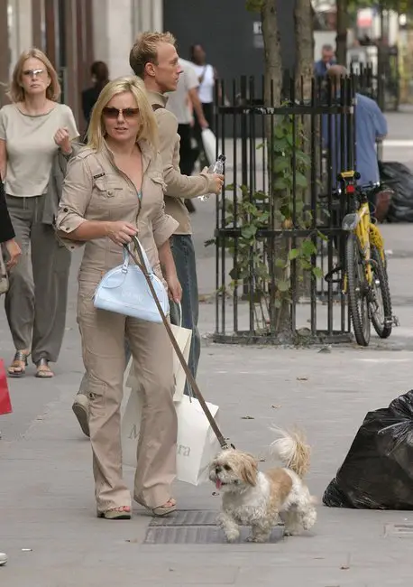 Geri Halliwell walking in the street with her Shih Tzu