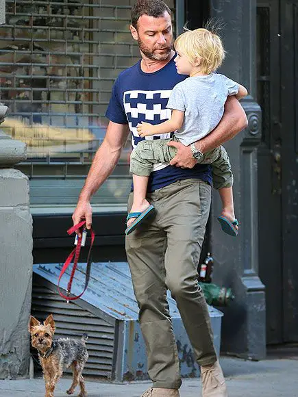 Liev Schreiber walking in the street with her Yorkshire Terrier on a leash while carrying his kid