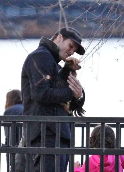 Tom Brady carrying his Yorkshire Terrier while standing behind the fence at the park during winter