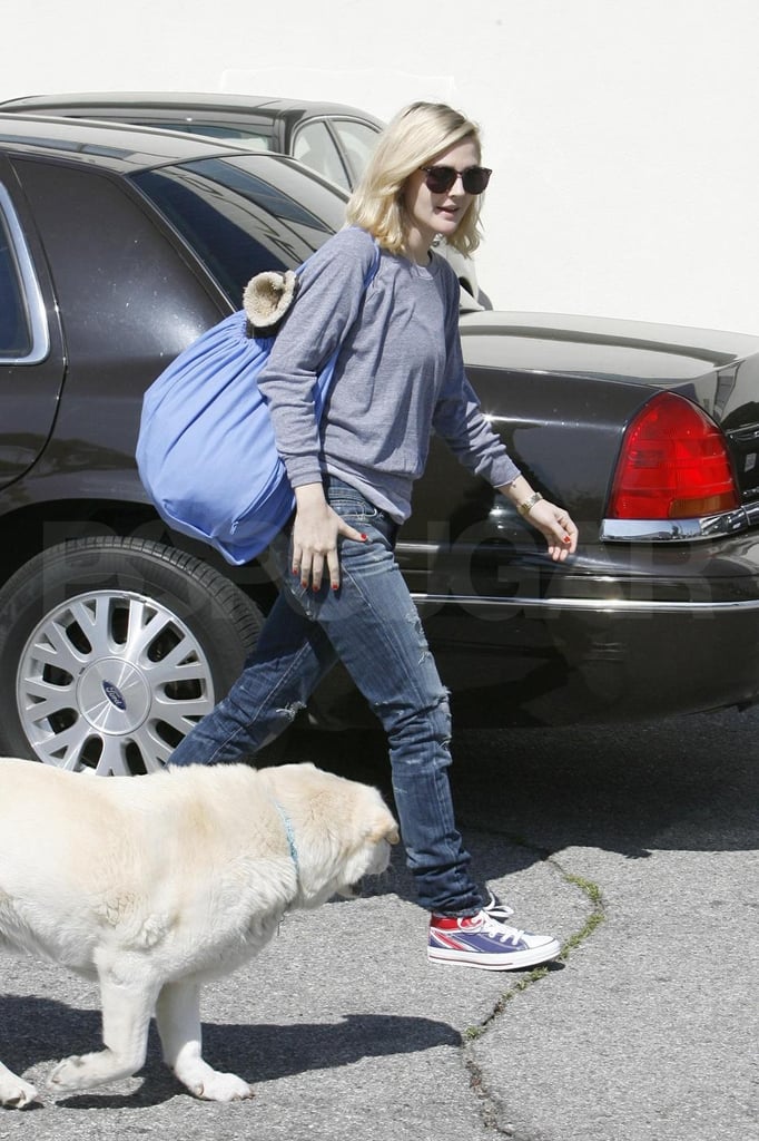 Drew Barrymore walking at the parking lot with her Labrador