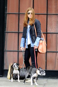 Kate Mara walking with her two Boston Terriers