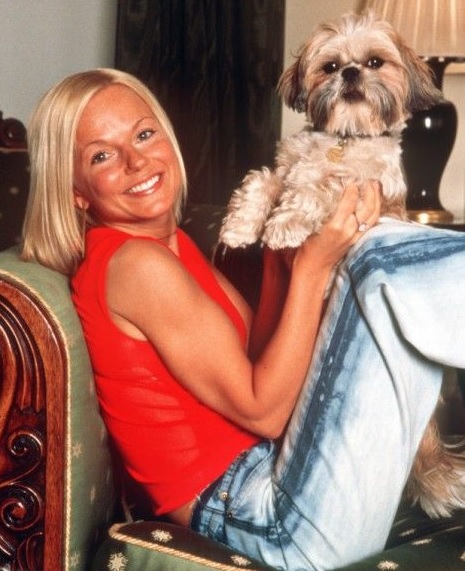 Geri Halliwell sitting on the chair while holding the front legs of her standing up Shih Tzu