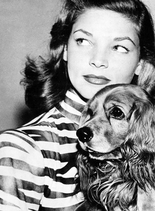 Lauren Bacall looking sideways with her Cocker Spaniel