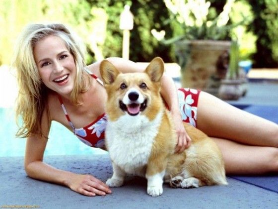 Julie Benz lying on the pavement with her Corgi