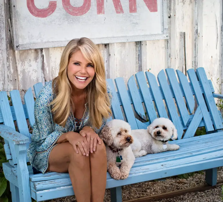 Christie Brinkley sitting on the bench with her two labradoodle puppies
