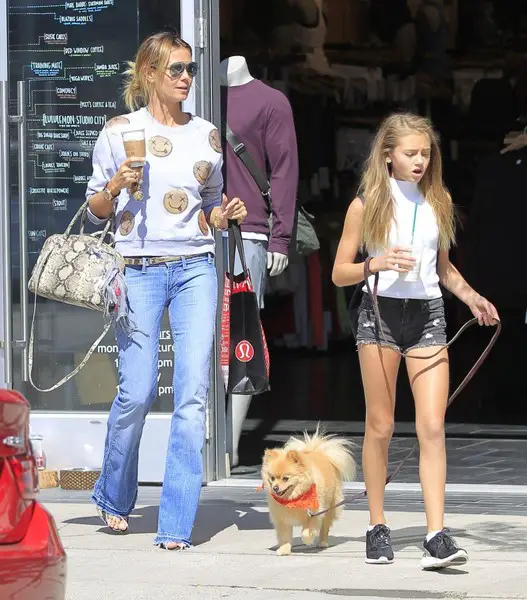 Heidi Klum walking outside the store with her kid and their Pomeranian on a leash