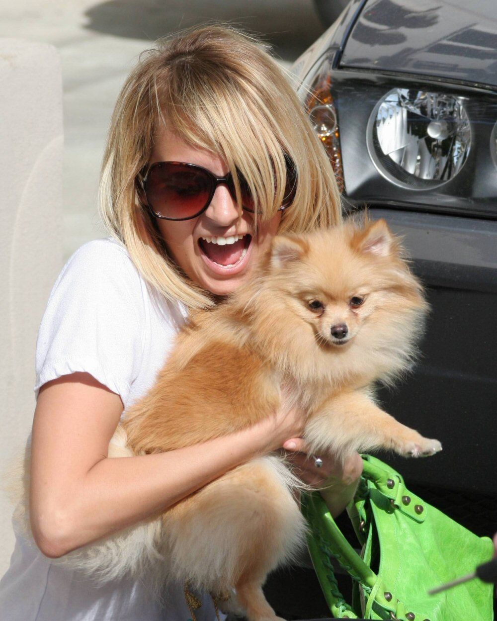 Nicole Richie walking in front of the car while carrying her Pomeranian