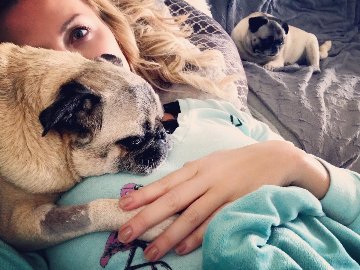 Michelle Beadle lying in bed with her pug resting on her shoulder