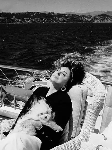 Elizabeth Taylor sitting on a chair on top of the yacht with her Maltese named Sugar