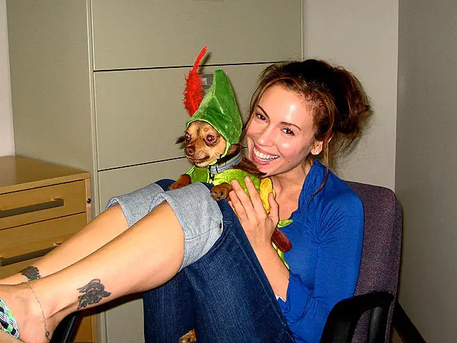 Alyssa Milano sitting on the chair with her Chihuahua in peter pan costume