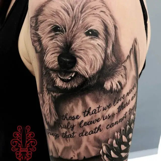 a 3D smiling Goldendoodle with a quote - those that we love never truly leaves us... there are things that death cannot touch - tattoo on the shoulder of a man