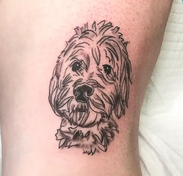 outline face of a Goldendoodle tattoo on the leg