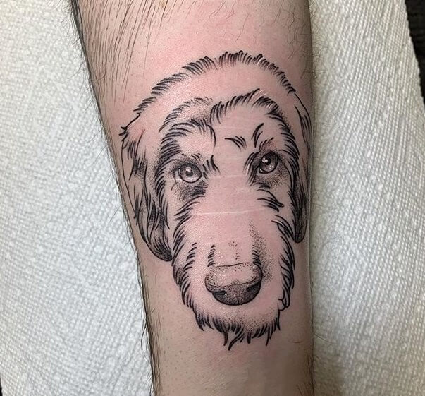 outline face of a Labradoodle tattoo on the leg