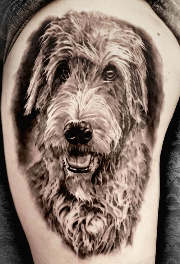 A 3D Labradoodle tattoo on the shoulder