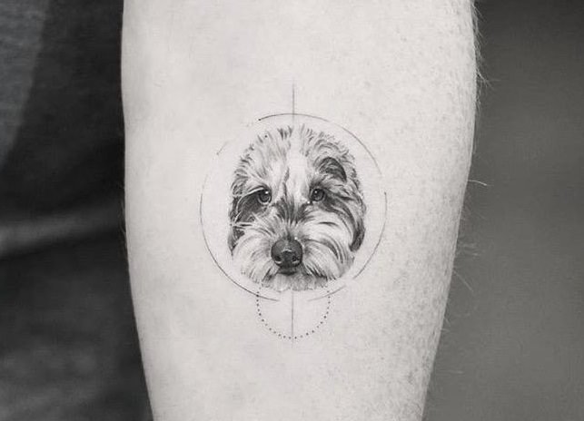 A minimalist black and gray Goldendoodle tattoo on the forearm