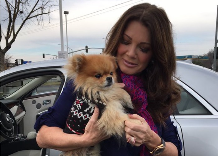 Lisa Vanderpump looking at her Pomeranian in her arm