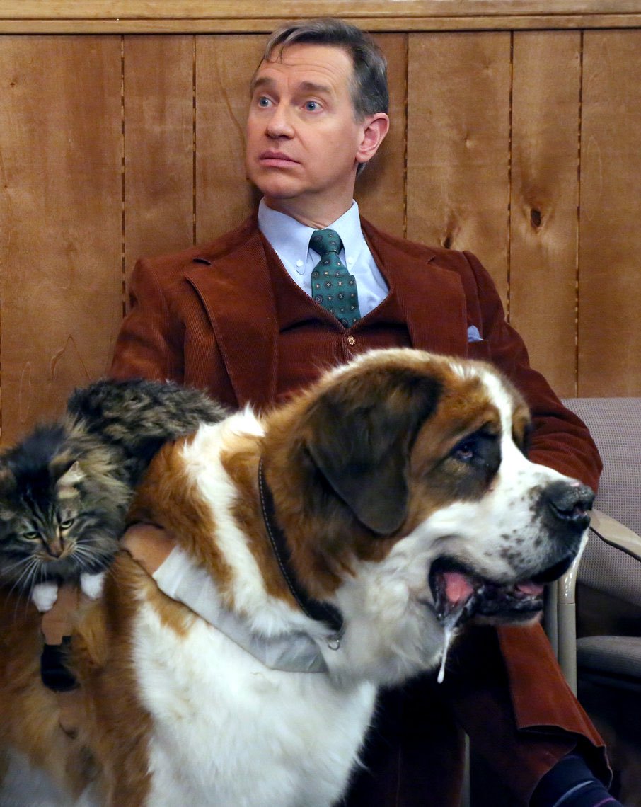 Paul Feig sitting on the chair with his St. Bernard with a cat lying on its back while standing on the floor