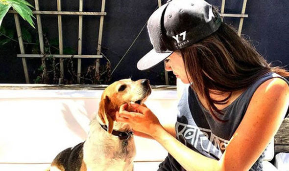 Meghan Markle sitting on a bench while petting her Beagle