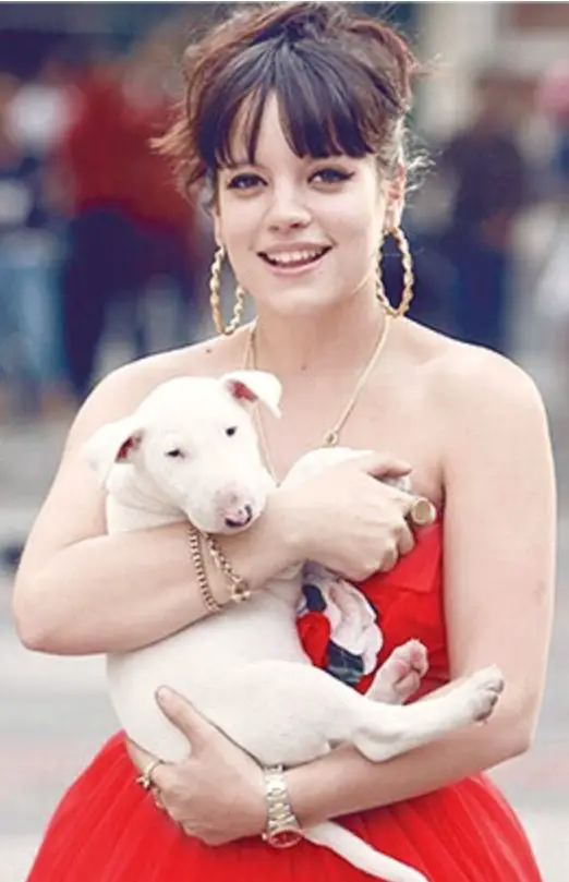Lily Allen carrying her Bull Terrier puppy