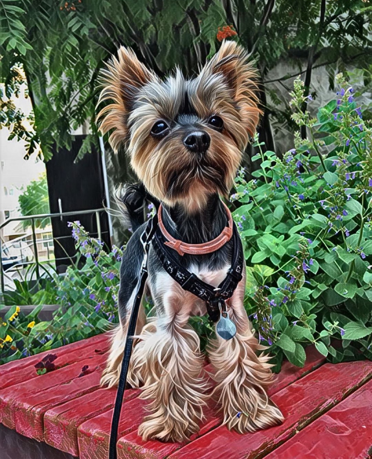 A Yorkshire Terrier sitting on top of the wooden bench