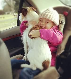 A kid sitting in the backseat while hugging her Jack Russell looking outside the window