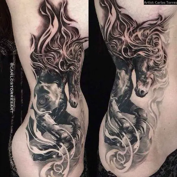 a tribal style horse tattoo on the body