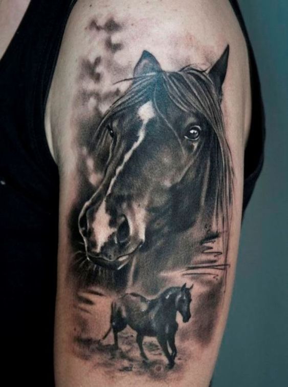 large 3D Horse and with a black small Horse tattoo on the shoulder