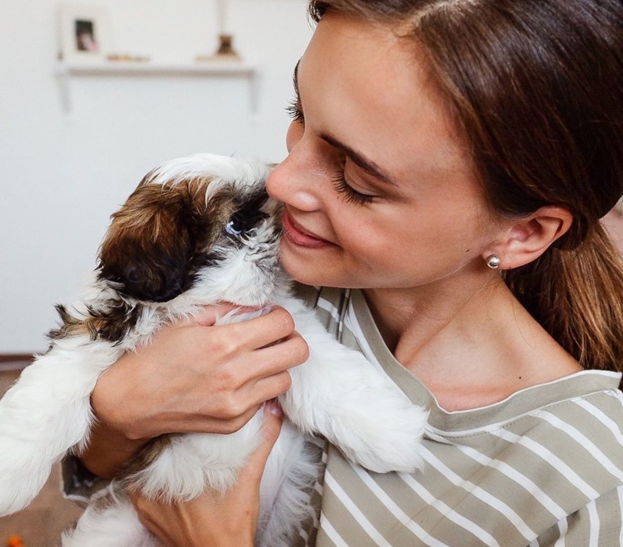 a woman holding a Shih Tzu puppy in her arms