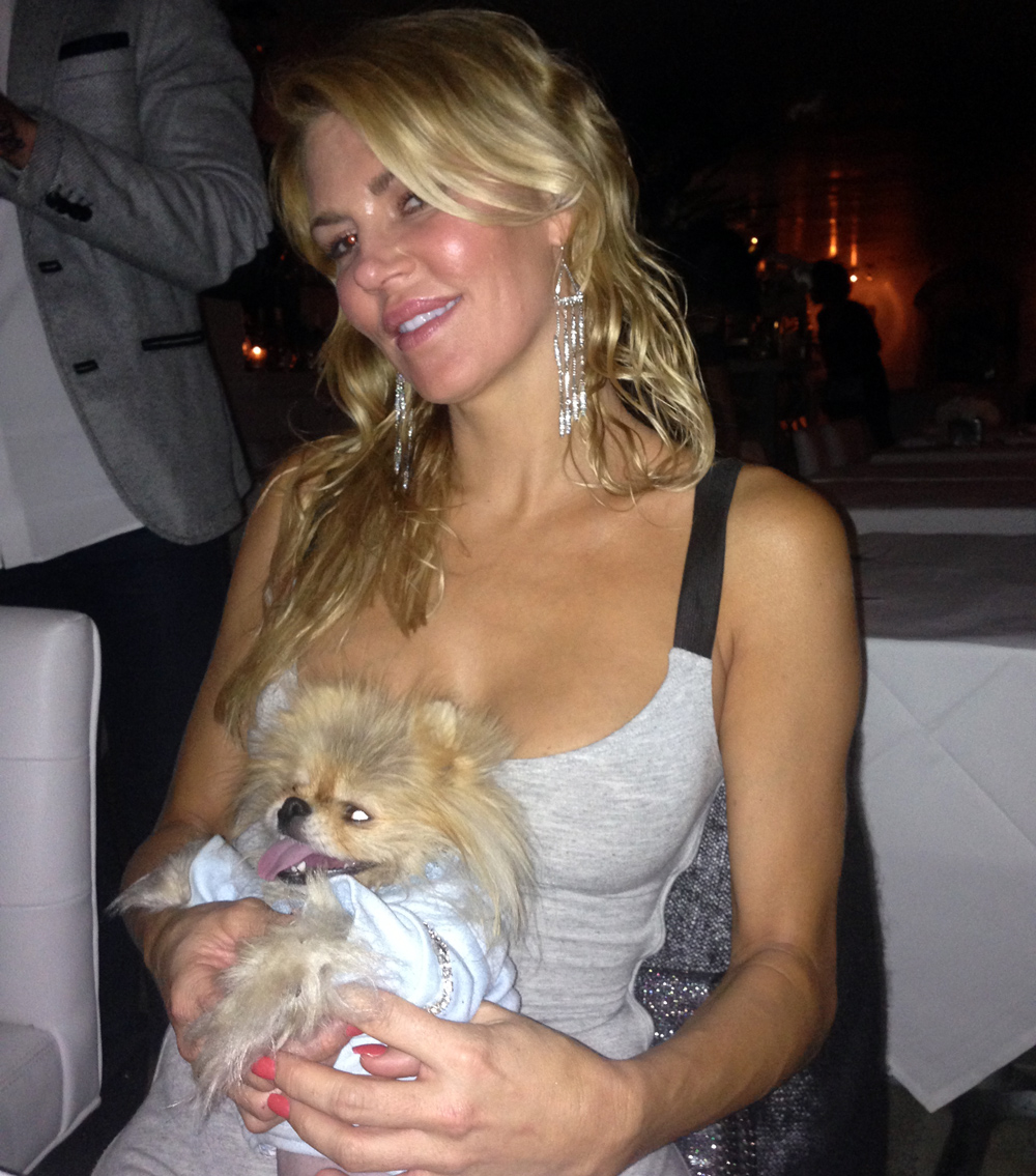 Brandi Glanville sitting on the chair with her Pomeranian wearing a blue sweater sitting on her lap
