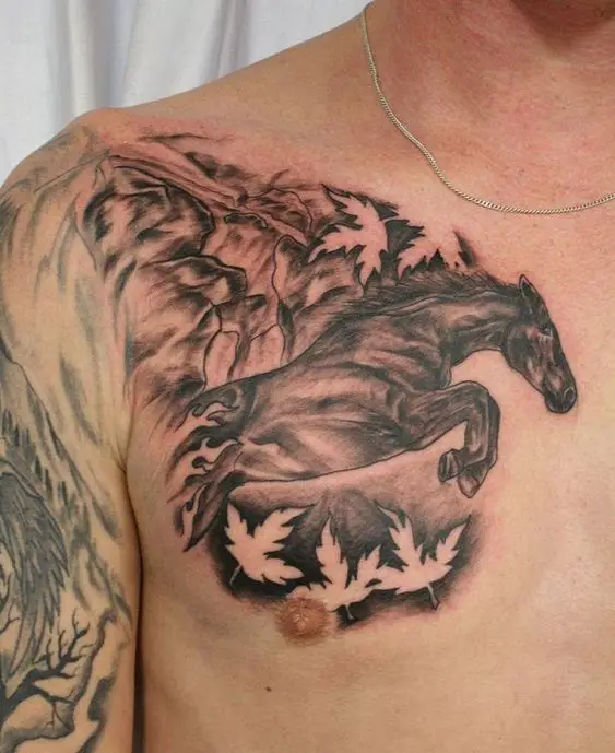 3D running Horse tattoo on the chest