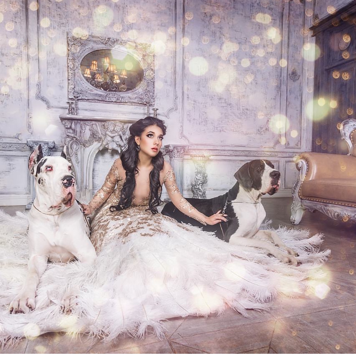 A woman in a gown sitting on the floor in between two Great Dane
