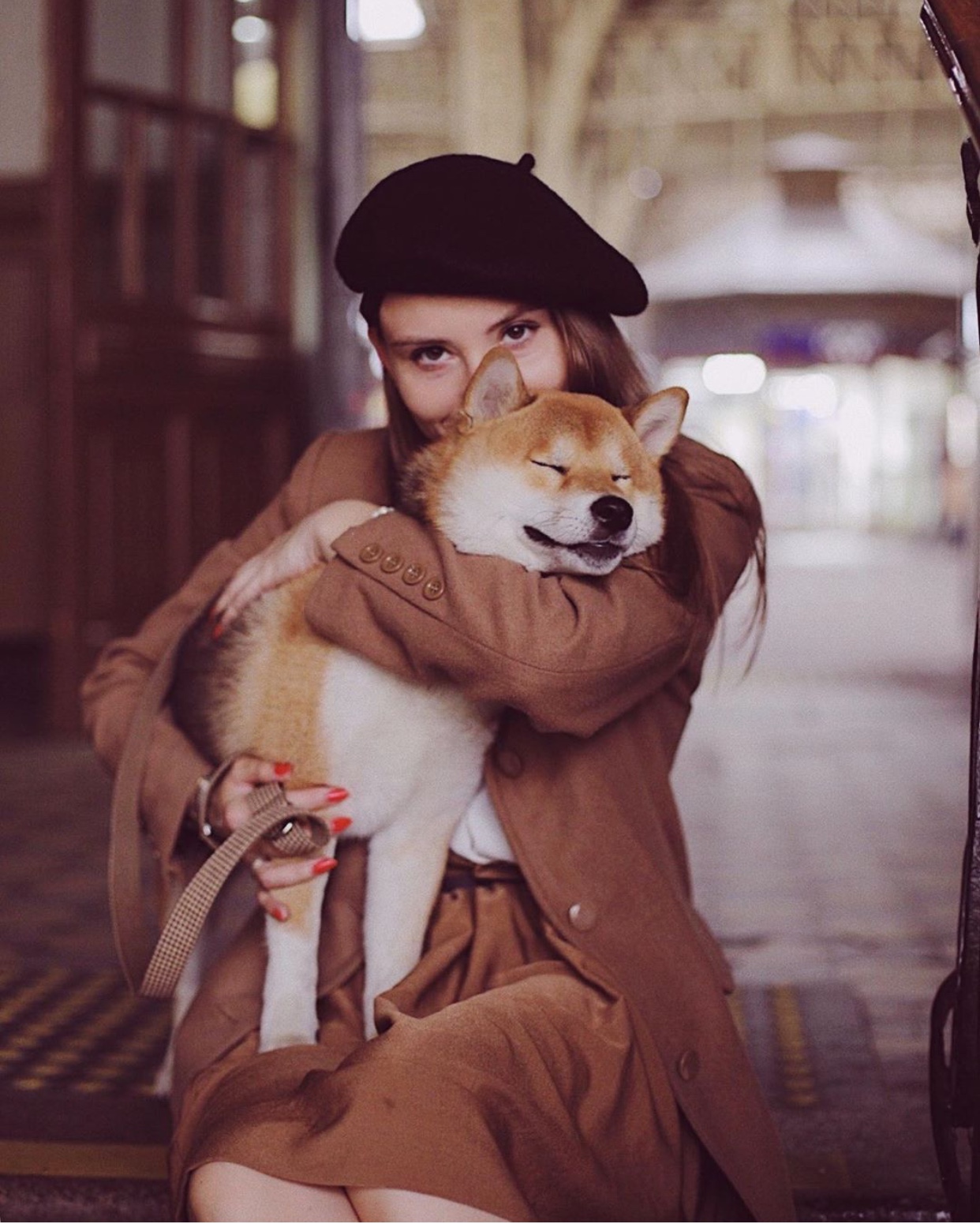a woman sitting on the stairs while hugging its Shiba Inu