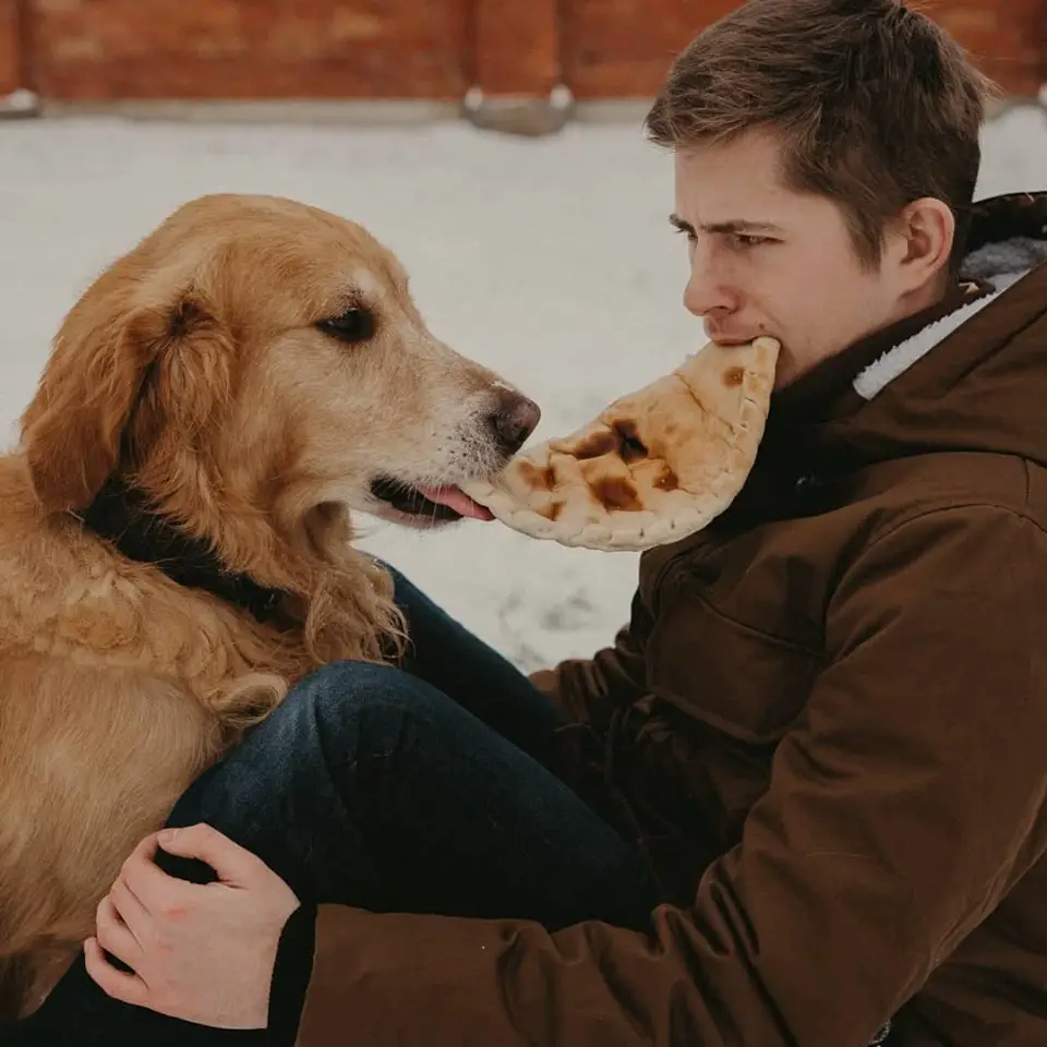 A man sitting in snow while sharing a food with its Golden Retriever sitting in front of him
