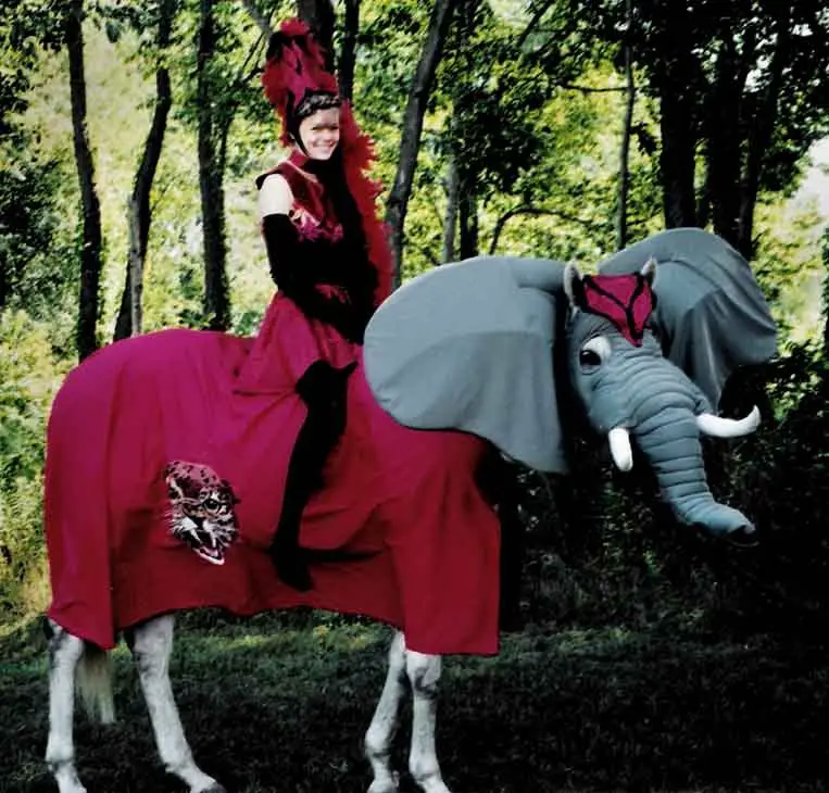 A Horse in elephant costume while a woman is riding on its back
