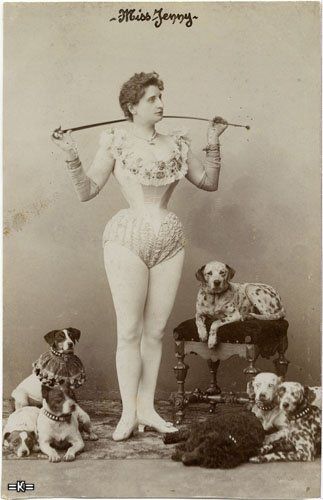 a circus woman with jack russels and Dalmatians lying on the floor and on the chair