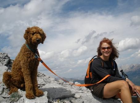 A poodle sitting on top of the rock next to a woman
