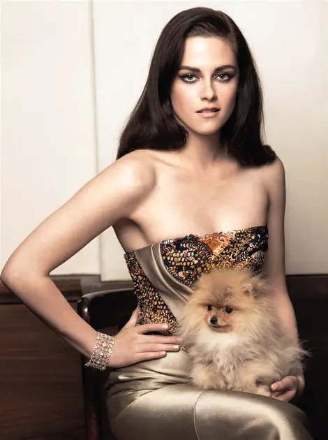 Kristen Stewart sitting on the chair with a Pomeranian on her lap
