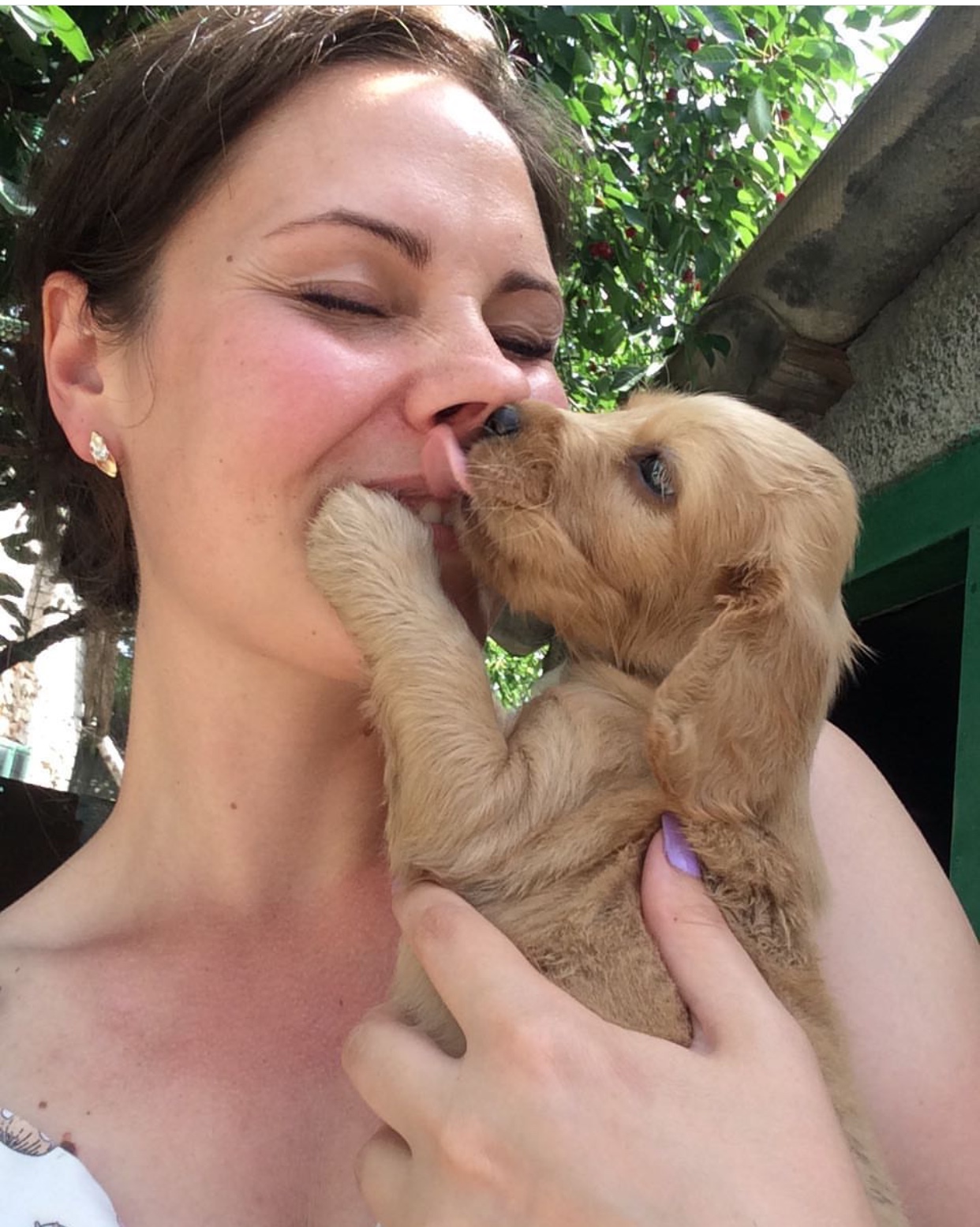A woman carrying a Cocker Spaniel puppy who is licking her mouth