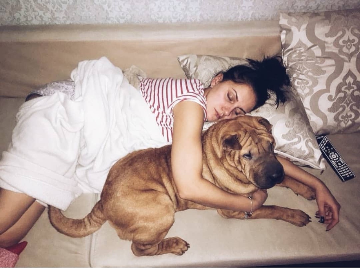 a woman sleeping on the couch while hugging her Shar-Pei