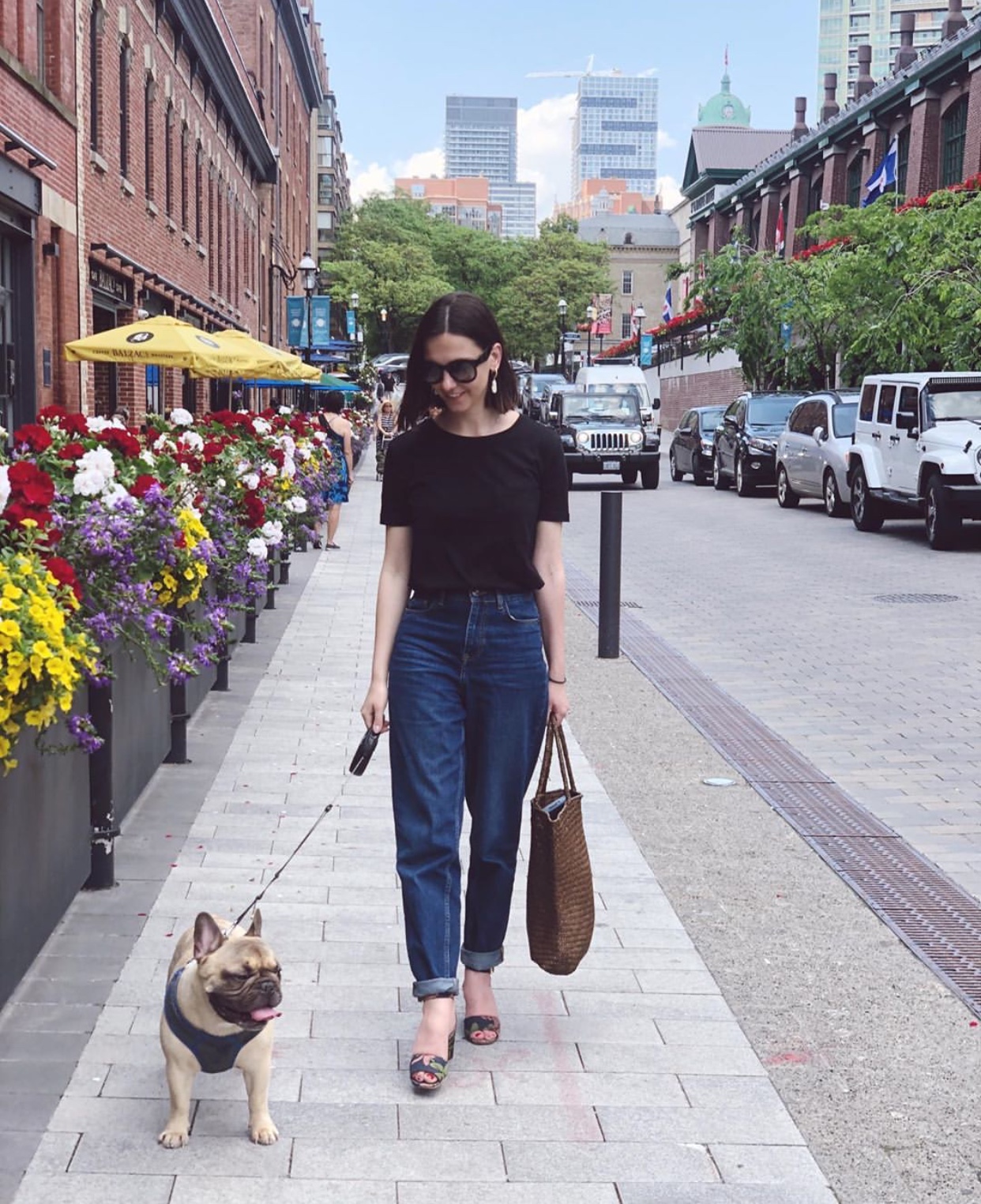 A woman walking in the street with her French Bulldog on a leash