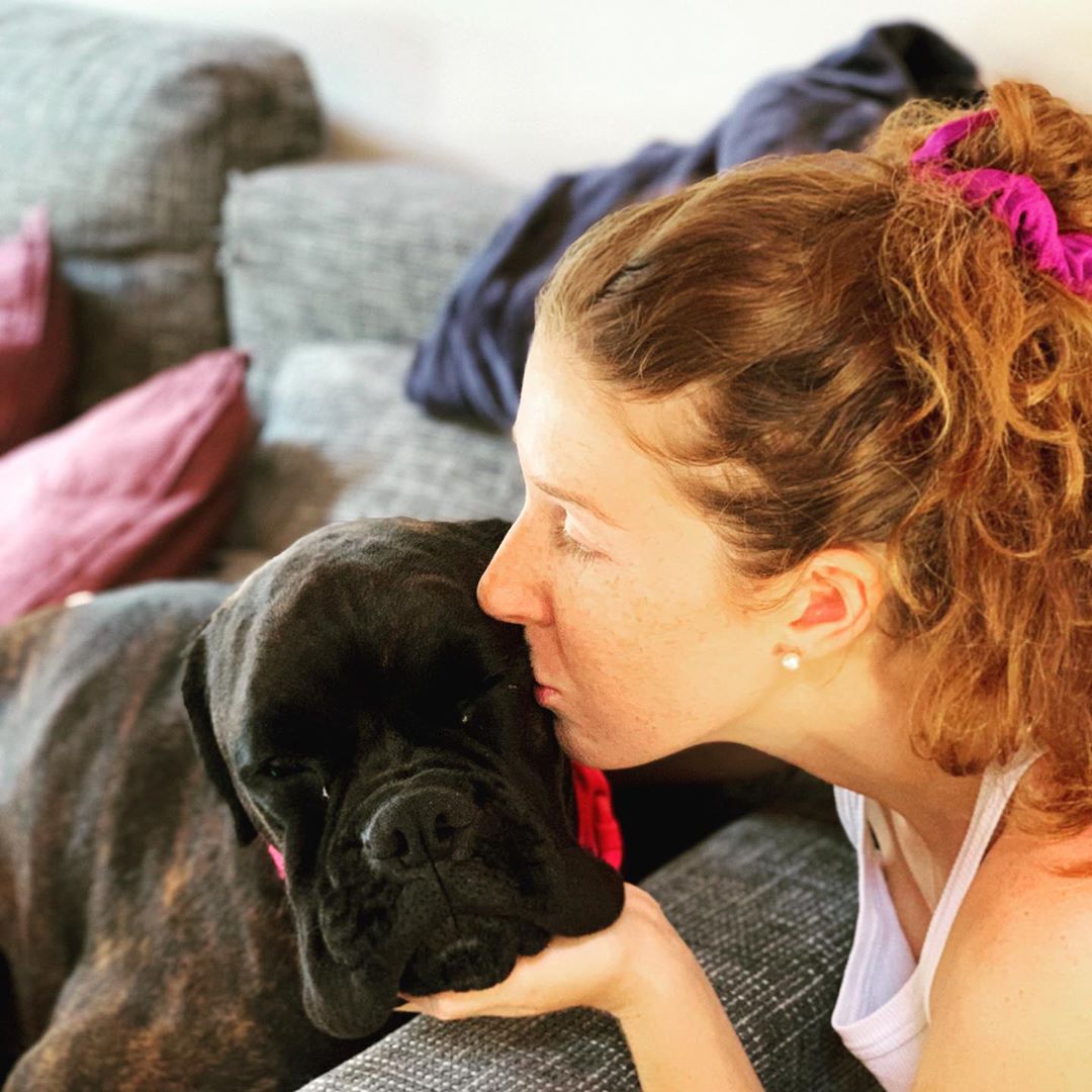 A Boxer lying on the couch while a woman is kissing its head