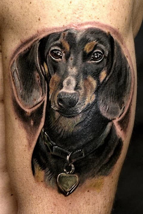 3D Dachshund tattoo on the shoulder