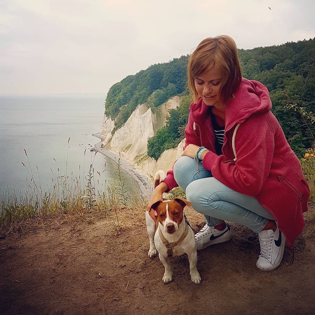 A Jack Russell on top of the mountain with a woman