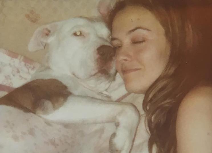 Alicia Silverstone lying on the bed close to her pitbull