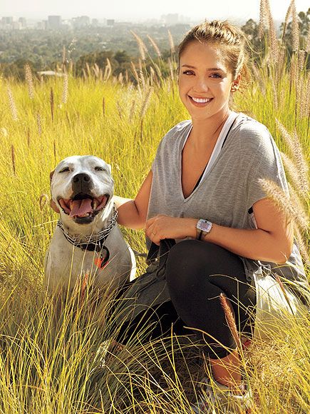 Jessica Alba sitting next to her smiling pitbull in the field of grass