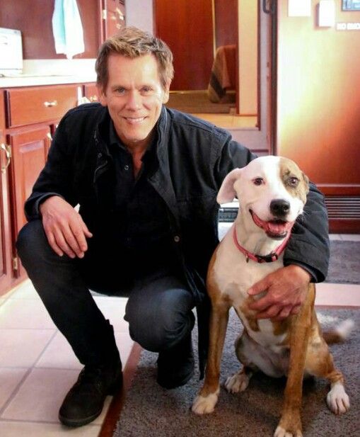 Kevin Bacon in the kitchen next to his pitbull sitting on the floor